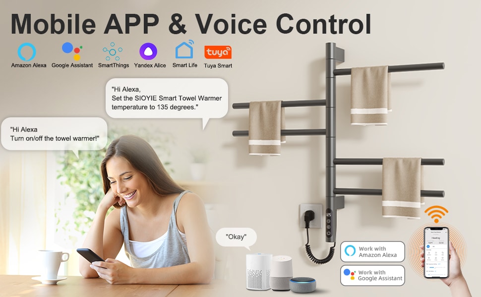 SIOYIE Smart Rotating Heated Towel Rack For Bathroom, Wall-Mounted Electric Towel Dryer With Swivel Bars, Smart Timer, Low Carbon Steel, IPX5, Plug-in/Hardwired, Towel Warmer With Wi-Fi App ControlW_voghion.com